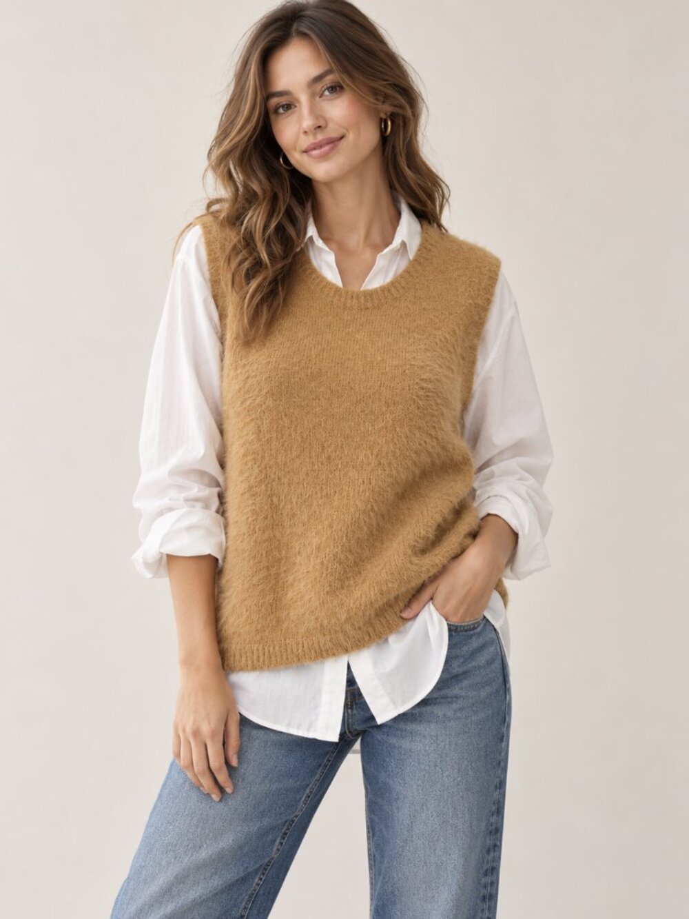 Vero Moda Womens Camel Tan Soft Fuzzy Knit Sweater Vest Sleeveless Pullover Sz L